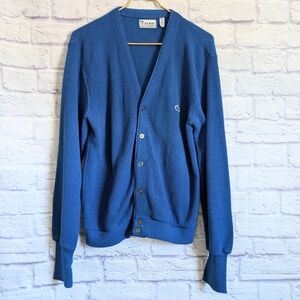 Vintage 80s Izod Lacoste Sweater M Cobalt Blue Grandpa Cardigan Golf Preppy